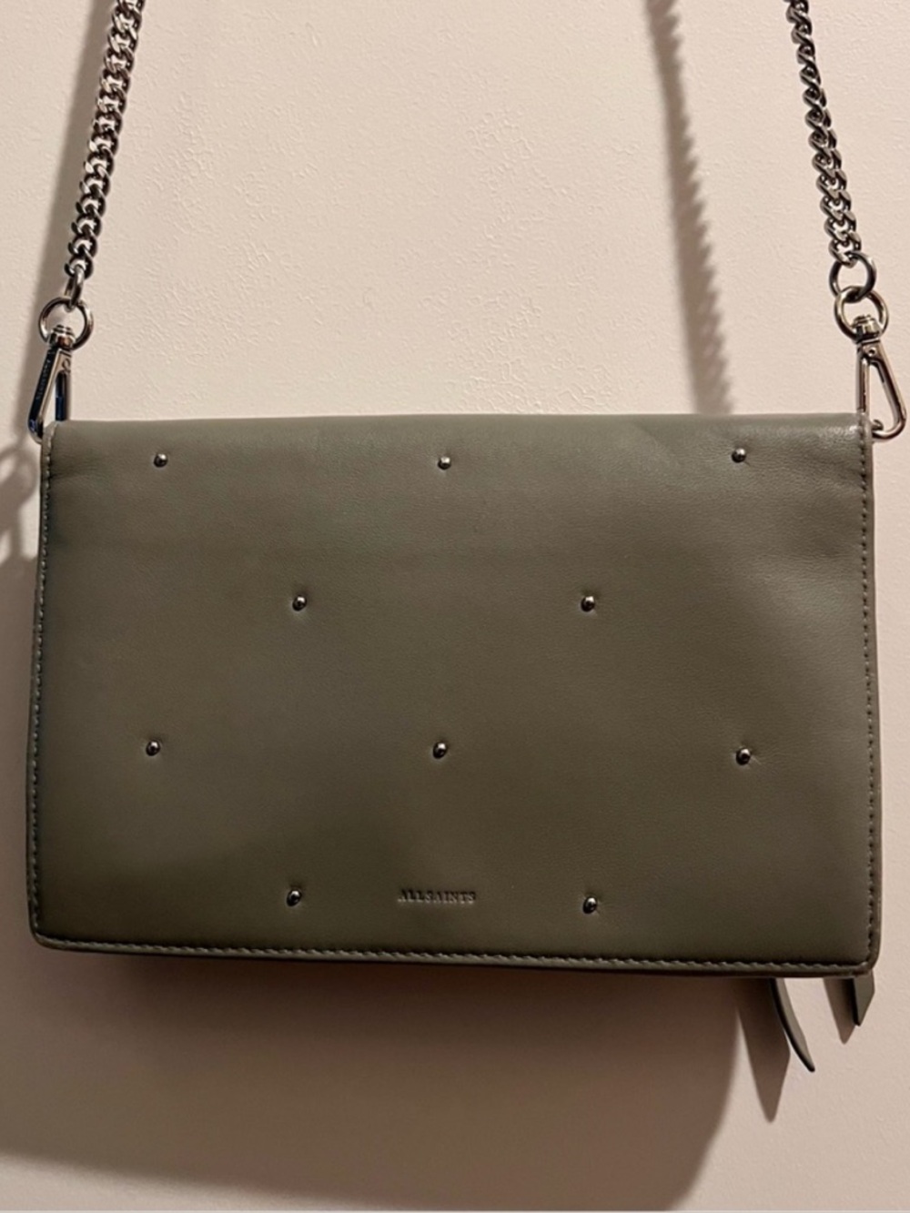 AllSaints Grey Leather Wallet on Chain Crossbody Bag Studded Minimal